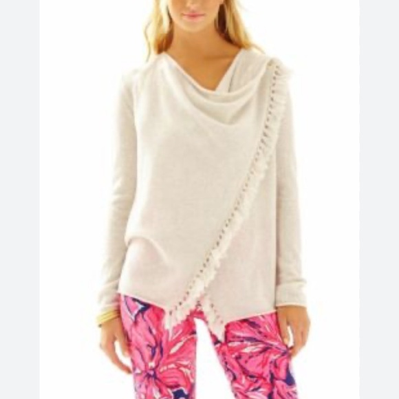 Lilly Pulitzer Alina Heathered Avenue 100% Cashmere Drape Cardigan Fringe - Picture 2 of 13